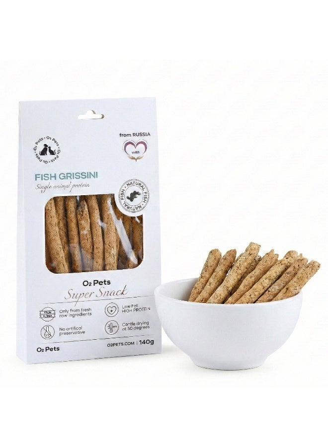 O2Pets Dog and Puppy Fish Grissini Dog Treats - 80% Cod Fish Hypoallergenic Snack Sticks - Vet Solution for Sensitive Digestion & Food Allergie 140g - Image 1